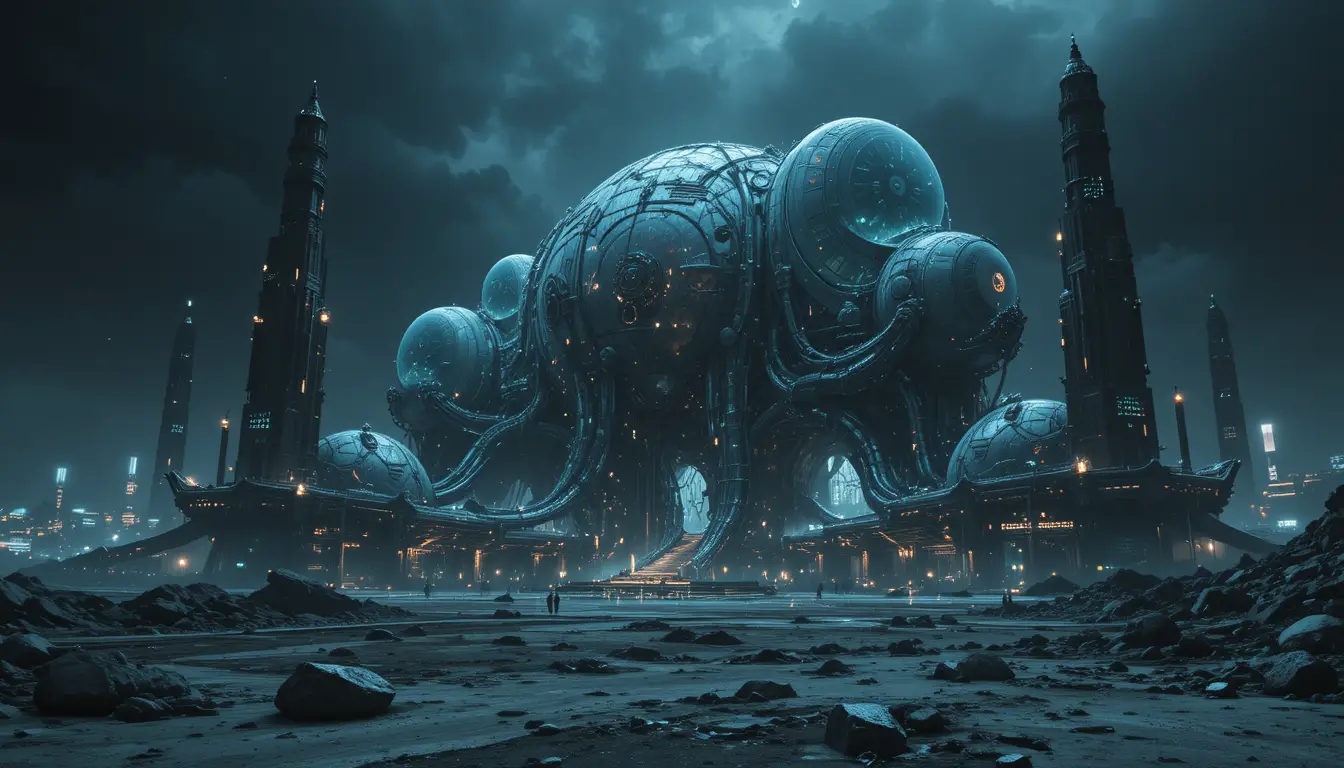 Biomechanical lunar base with surreal sci fi architecture