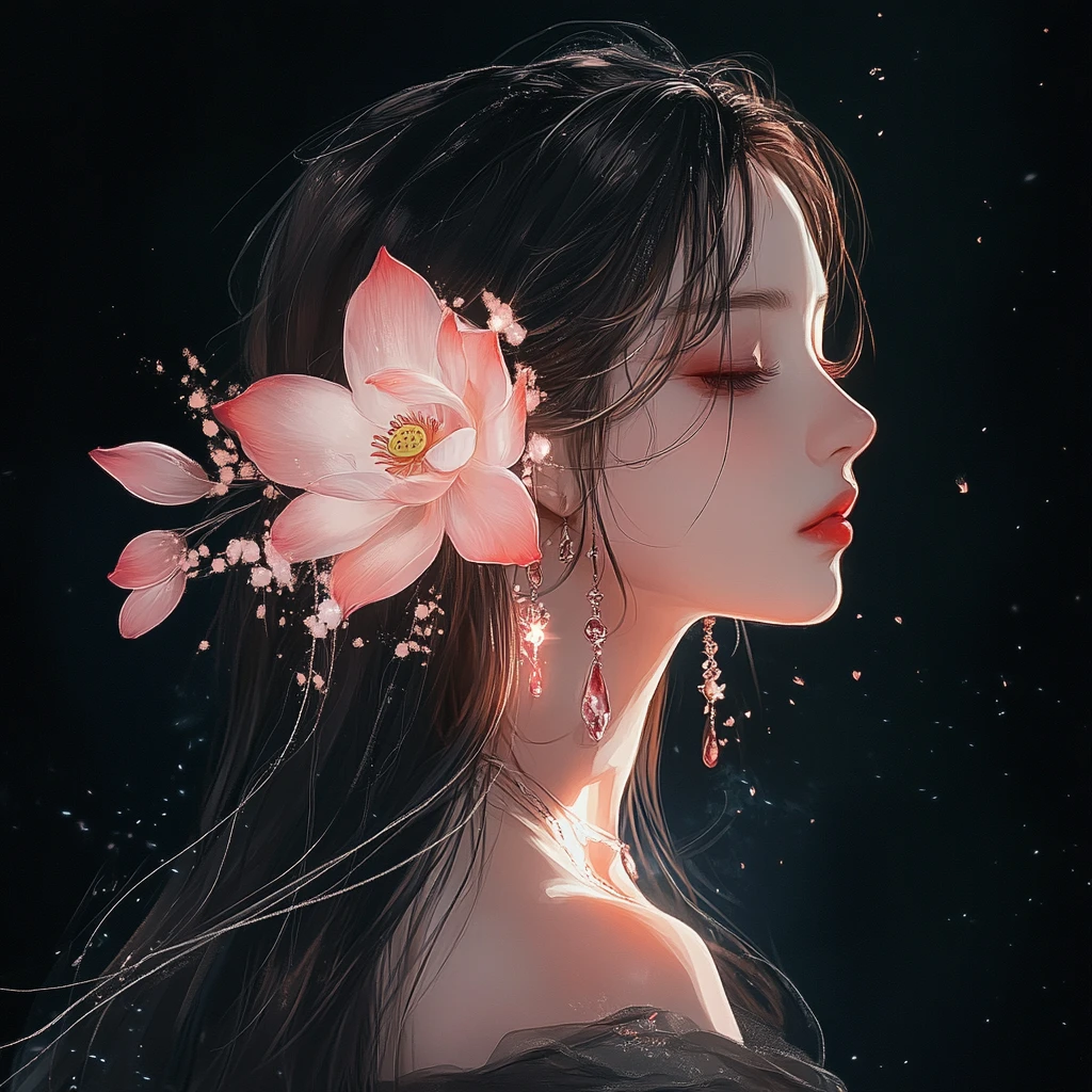 Mujer de anime etérea con flores de loto brillantes