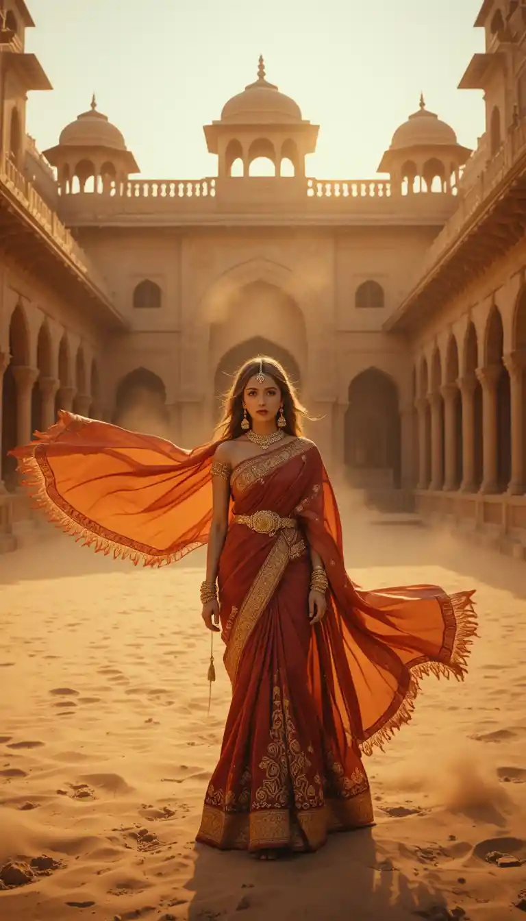 Regal woman in rust saree in desert palace courtyard