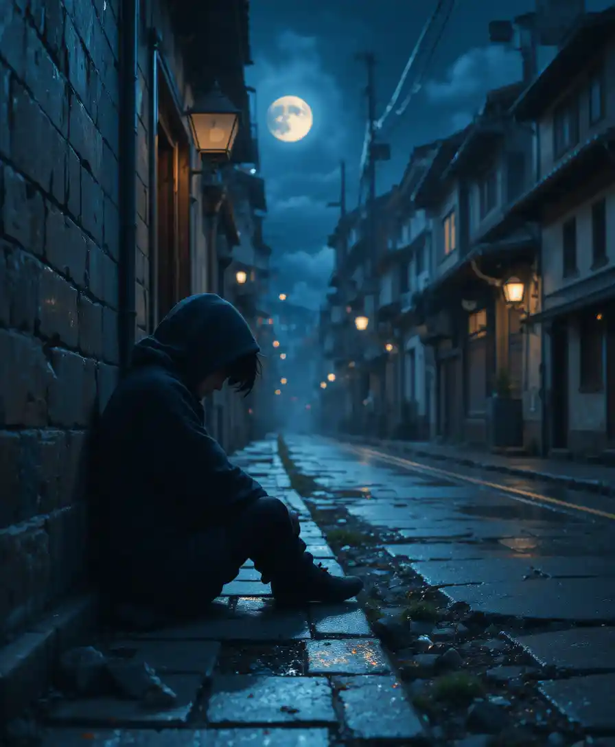 Sad anime boy alone on a night city street