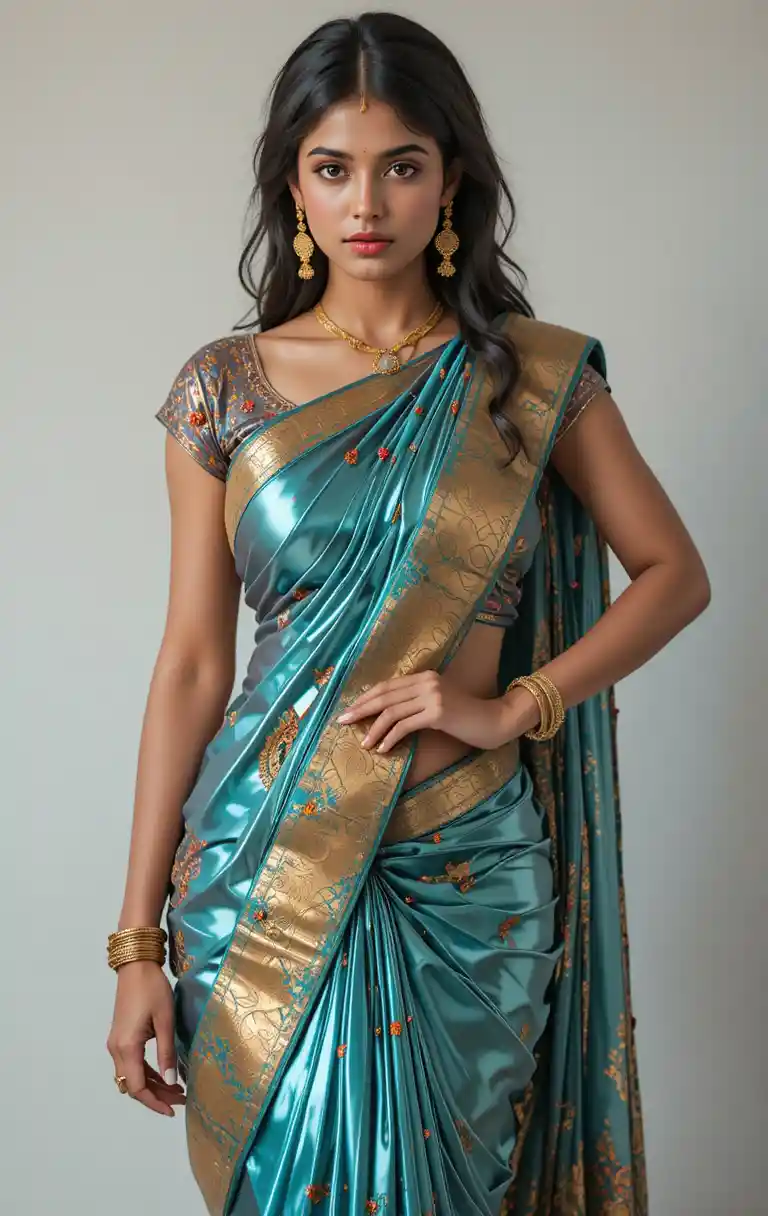 Full body view of woman in saree with exposed navel