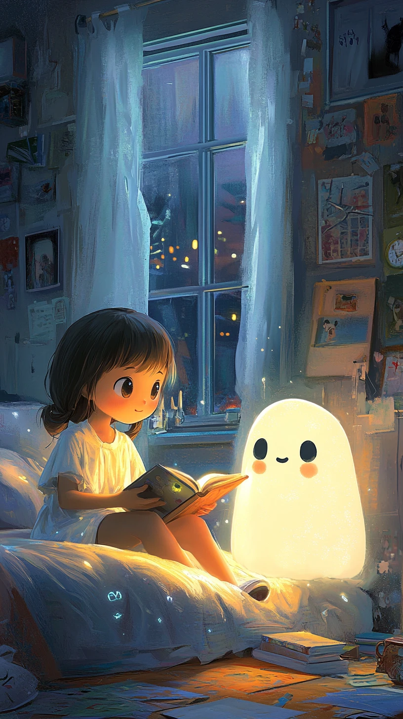 Chica de anime leyendo con un compañero fantasma brillante