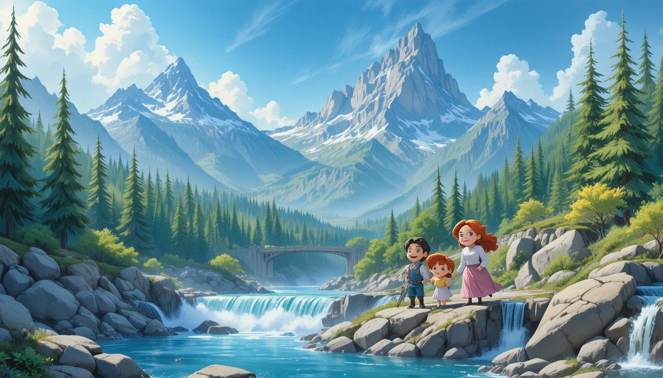 Three smiling beavers by a forest river waterfall