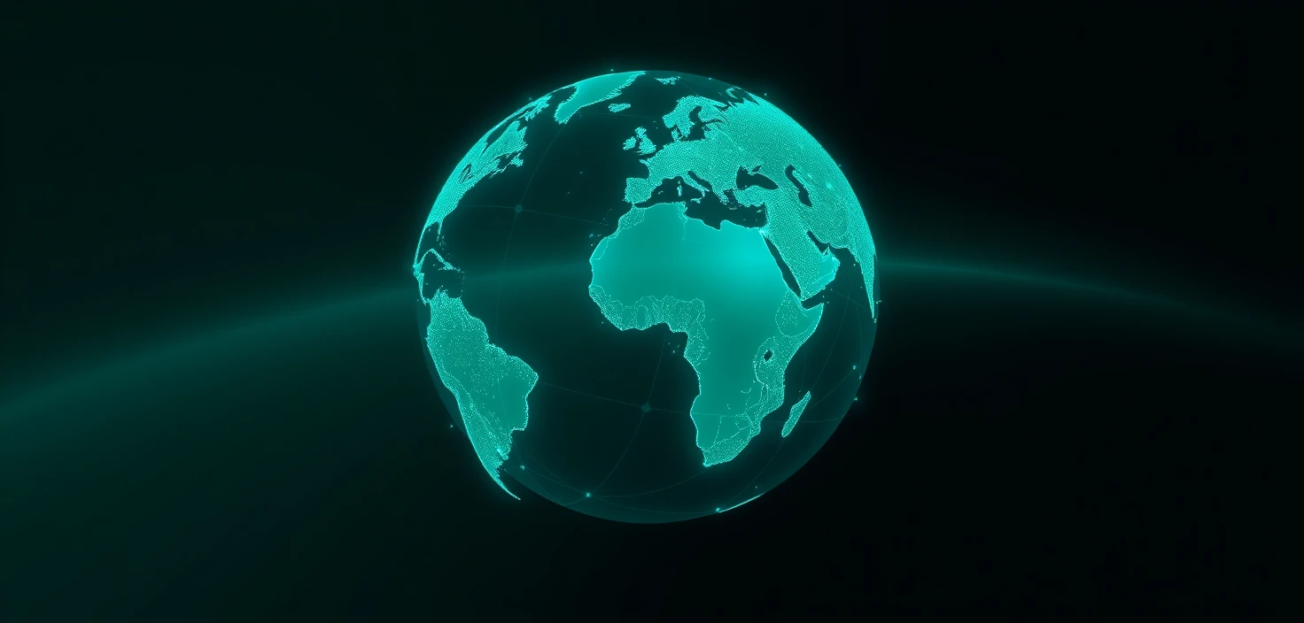 Leuchtender digitaler Globus mit türkisfarbenen Datennetzen aus dem All