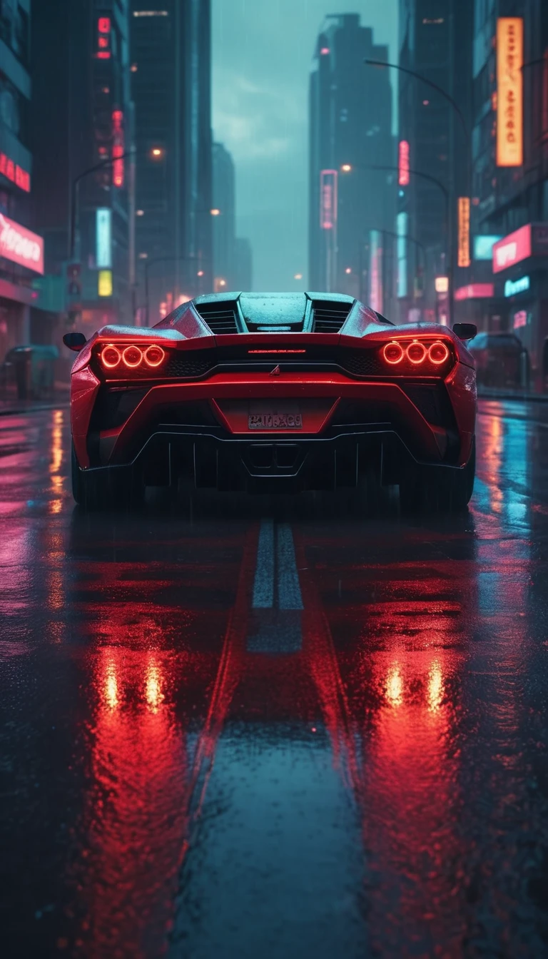 Futuristic red supercar on rainy neon city street at dusk