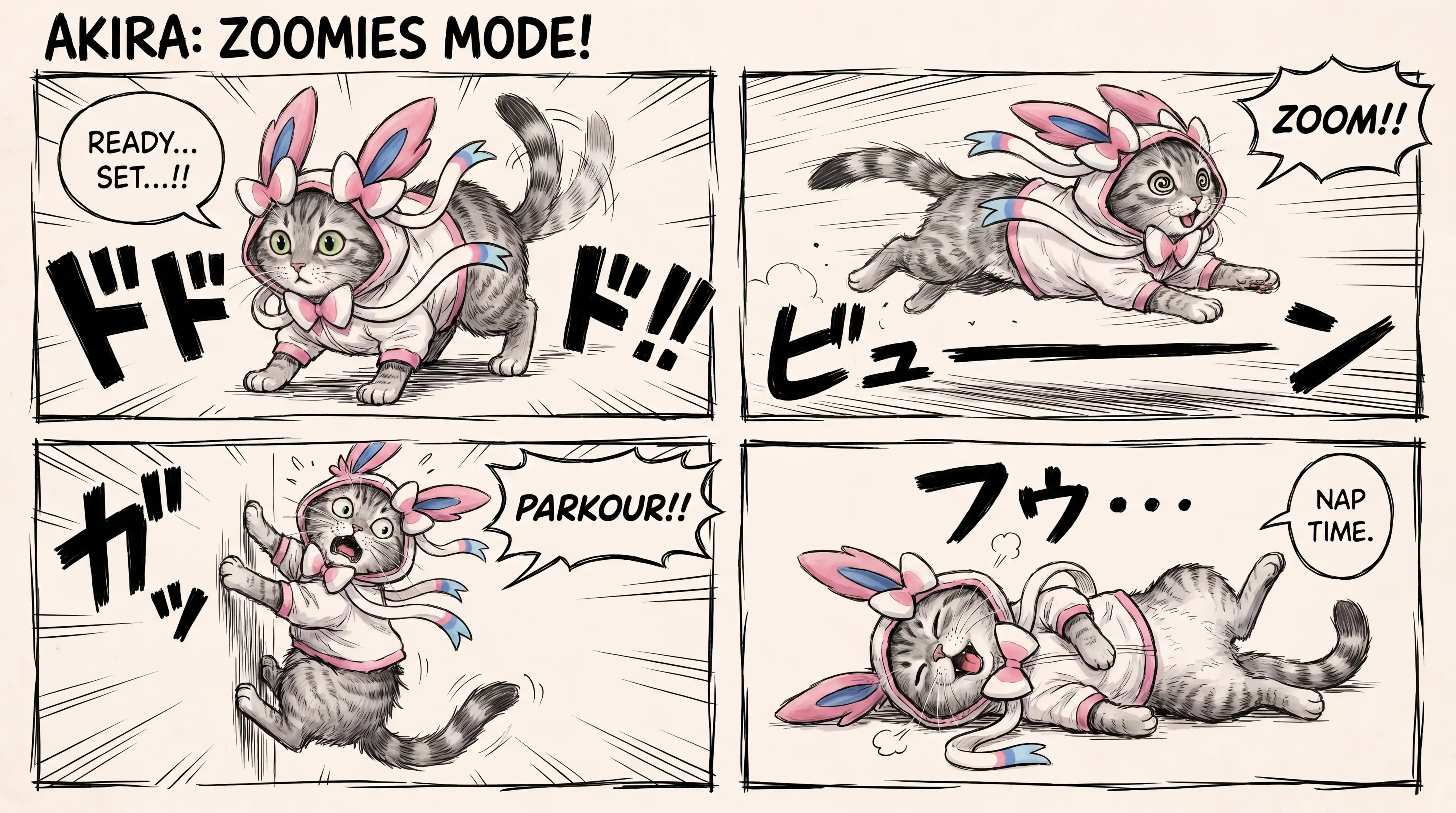 Playful zoomies cat character sheet in manga cartoon style