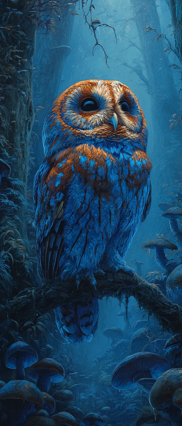 Majestuosa lechuza de vitral en un bosque de fantasía iluminado