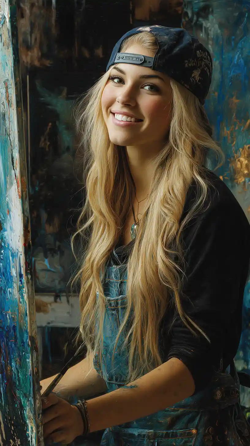 Young blonde artist smiling beside her finished canvas painting