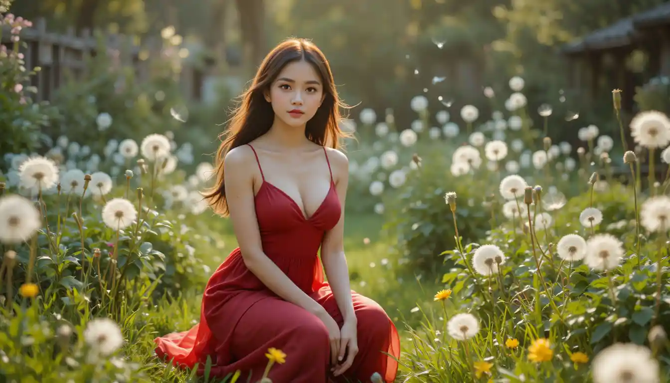 Korean girl kneeling in an overgrown garden at golden hour