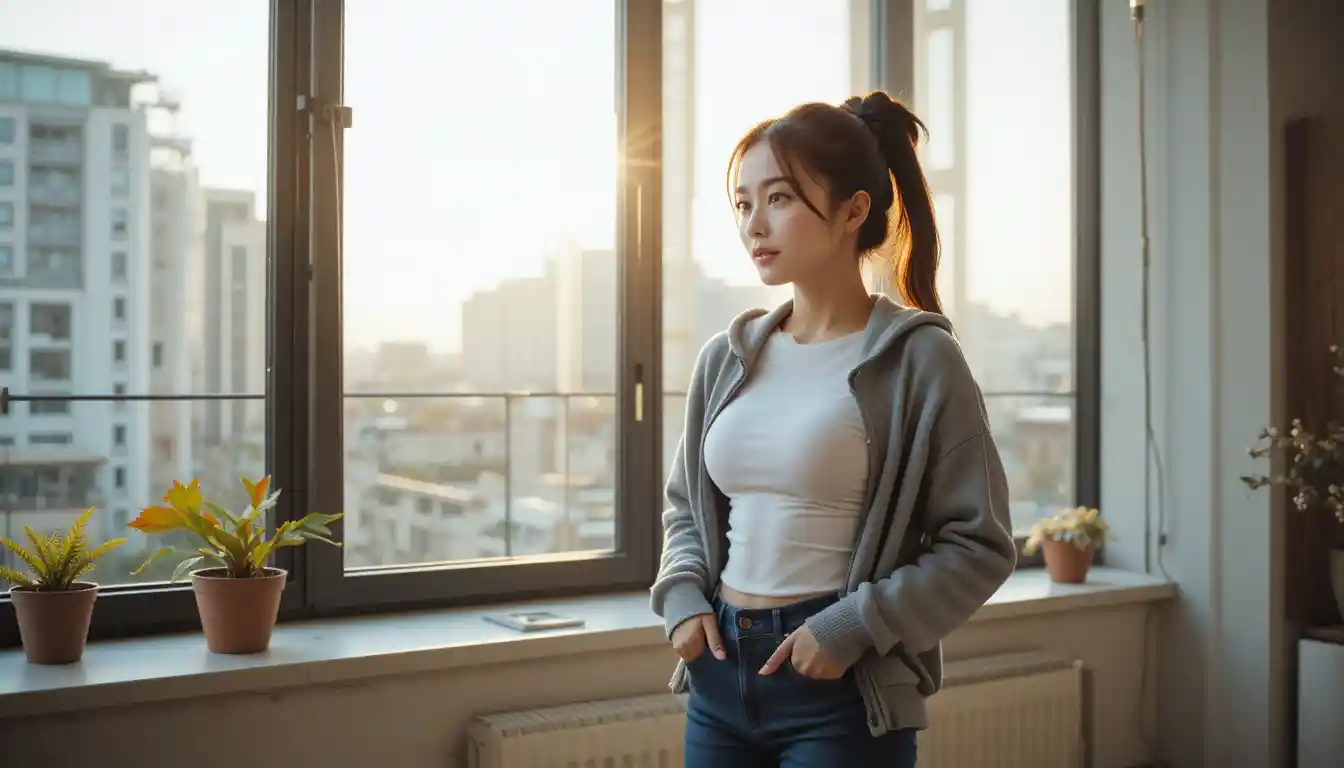 Korean college girl by a sunlit apartment window