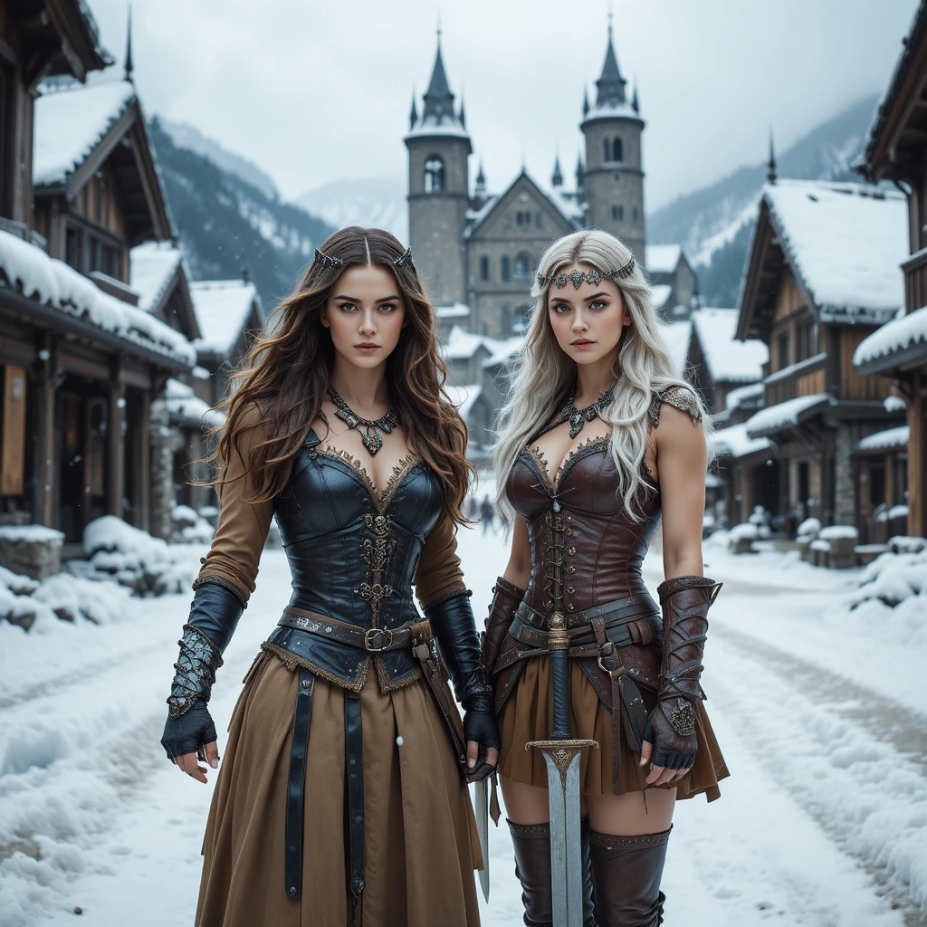 Two fierce warrior women in a snowy medieval village