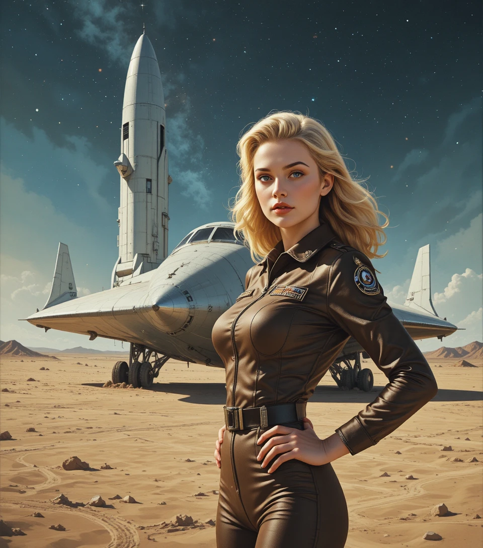 Vintage pilot woman before a retro futuristic desert spaceship