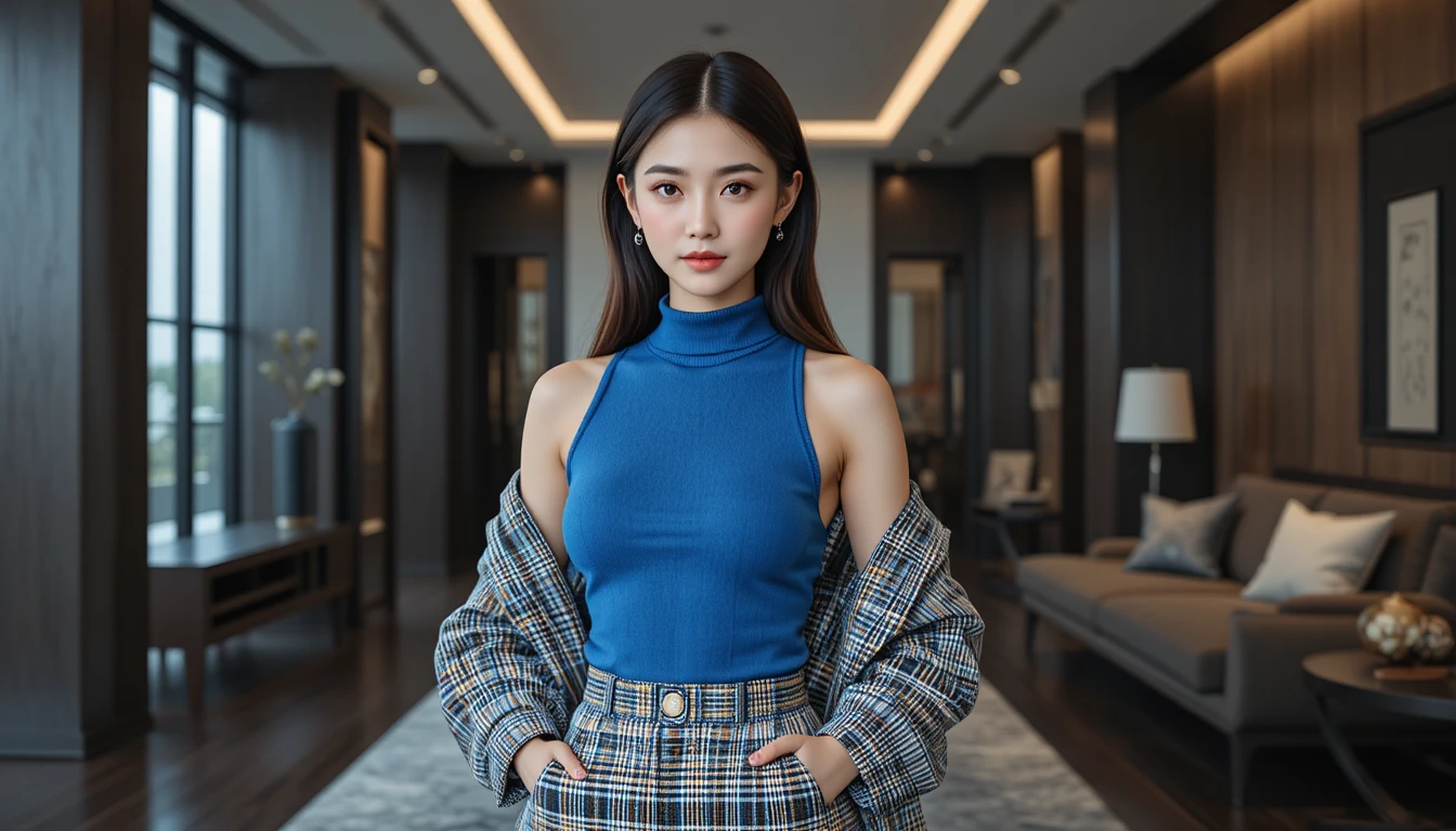 실내에서 비대칭 패션으로 촬영한 한국 여대생 초상