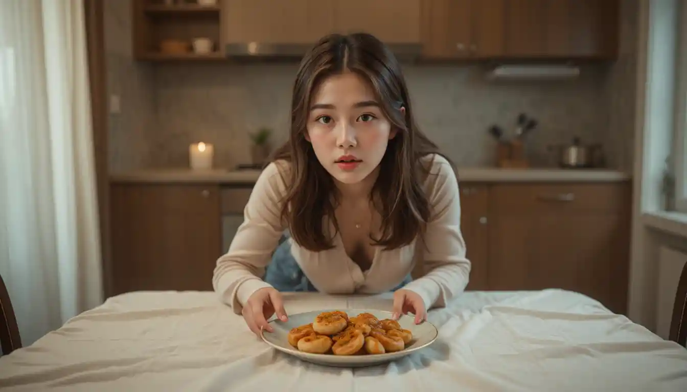 Korean college girl caught off guard at candlelit dinner table