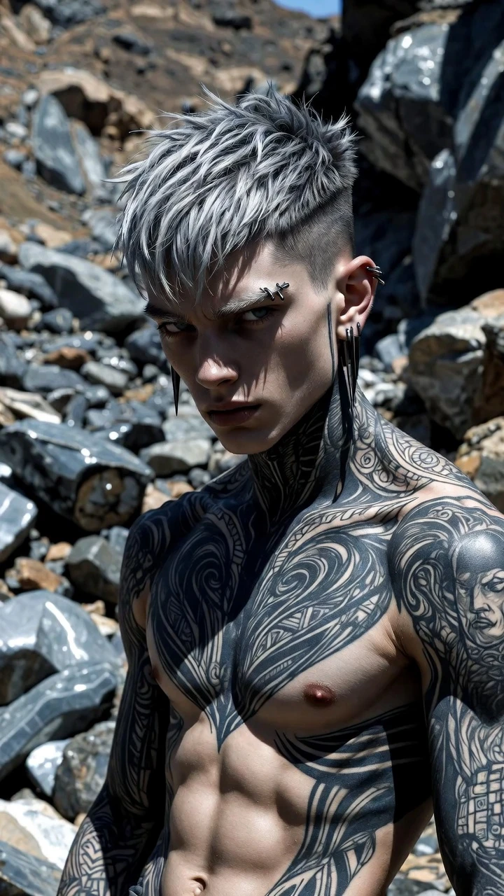 Tattooed muscular man in rocky landscape under harsh light