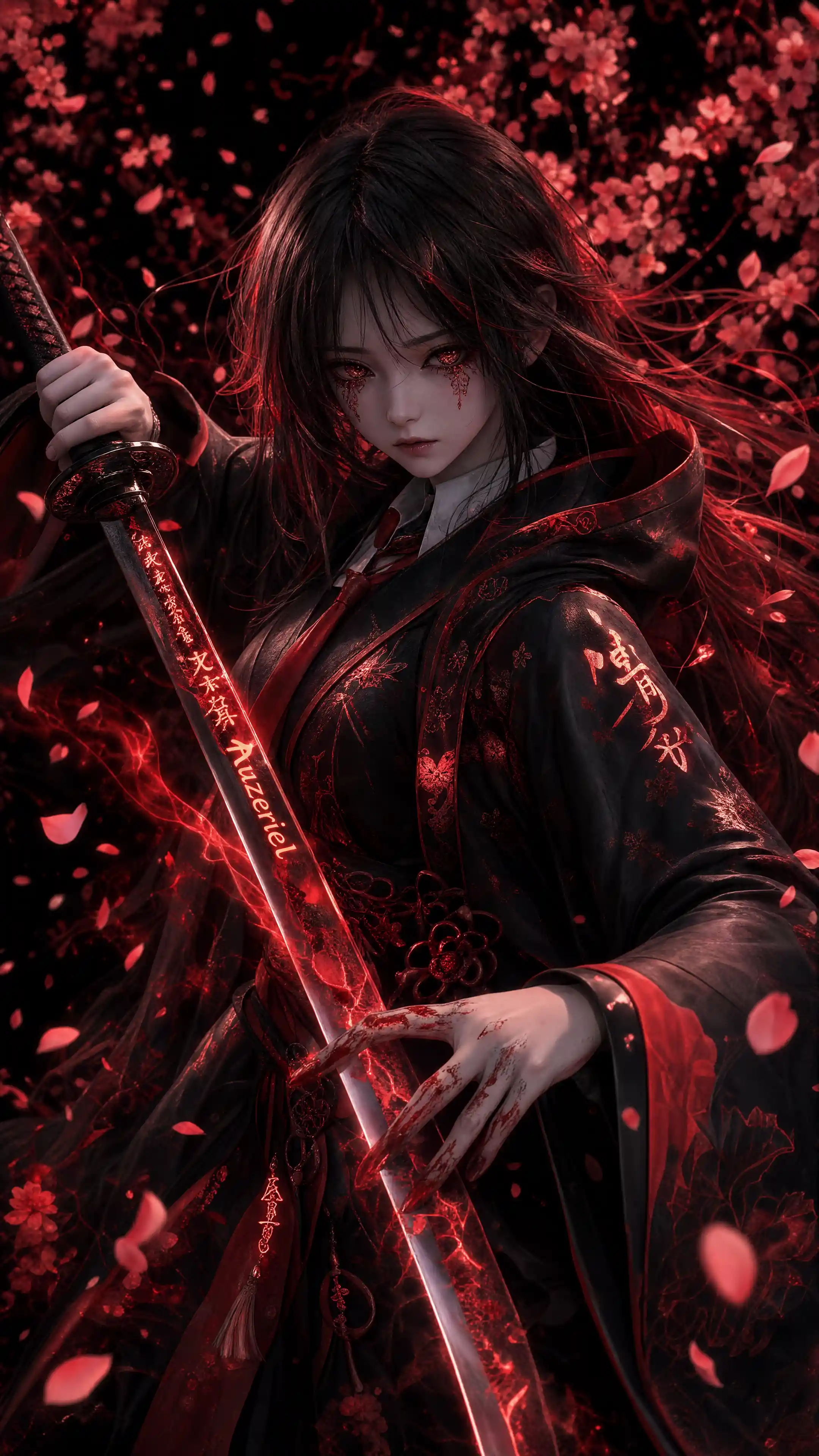 Anime warrior girl in black and red with glowing katana