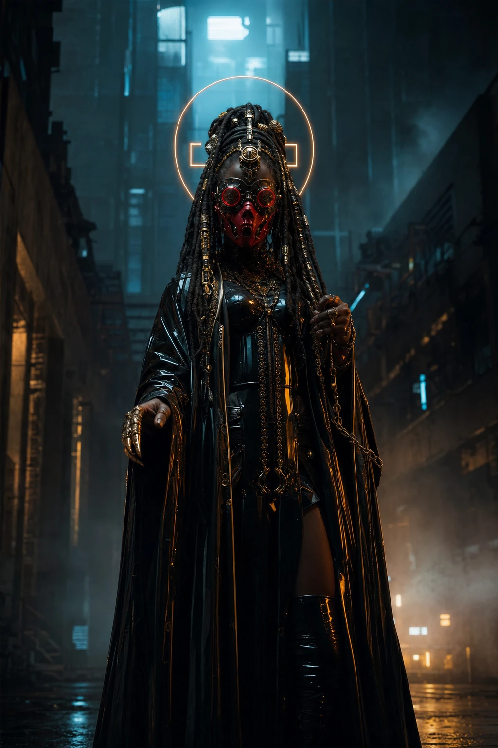 Cybernetic priestess in neon lit dystopian city alley