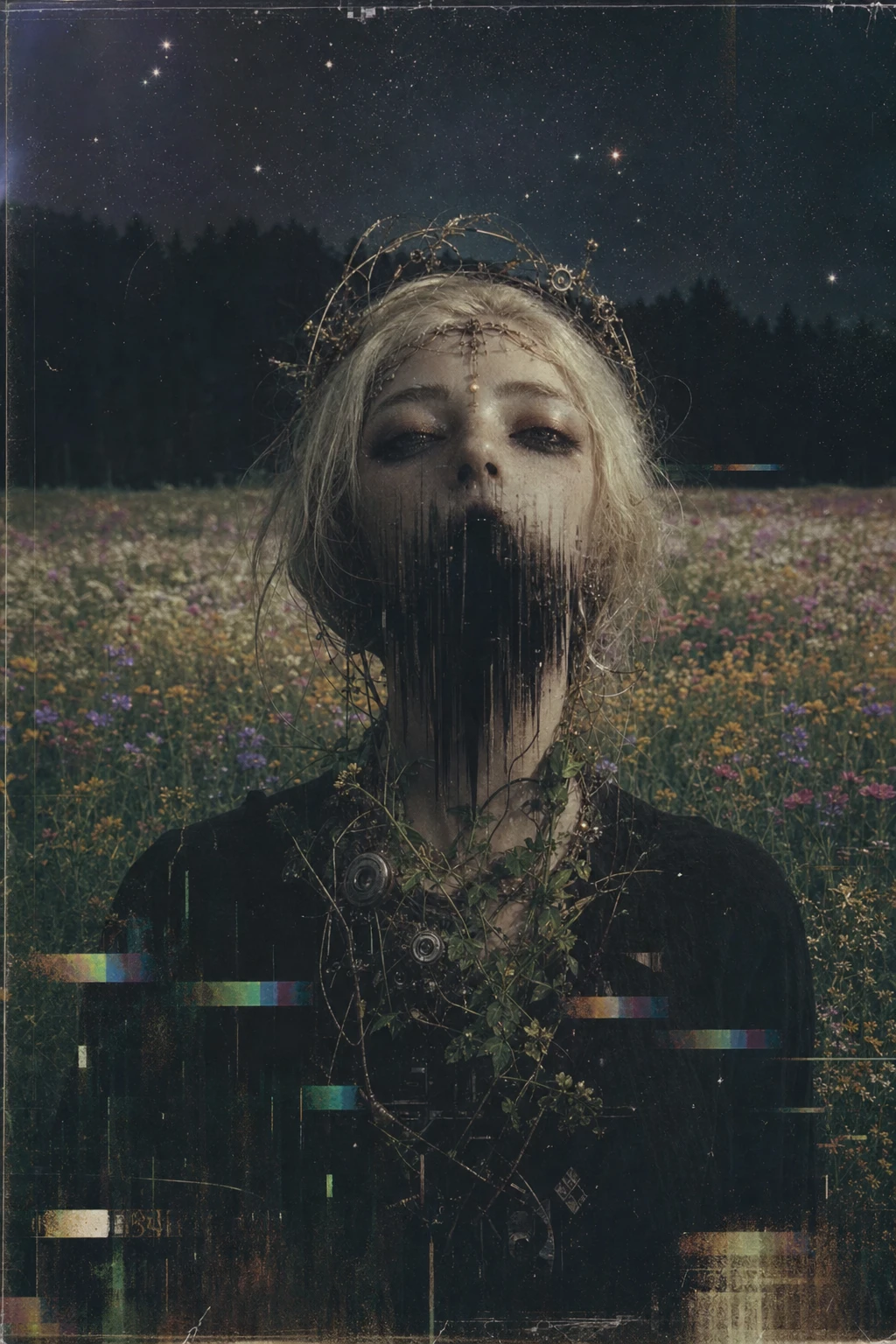 Surreal female figure in a wildflower field of fading memory