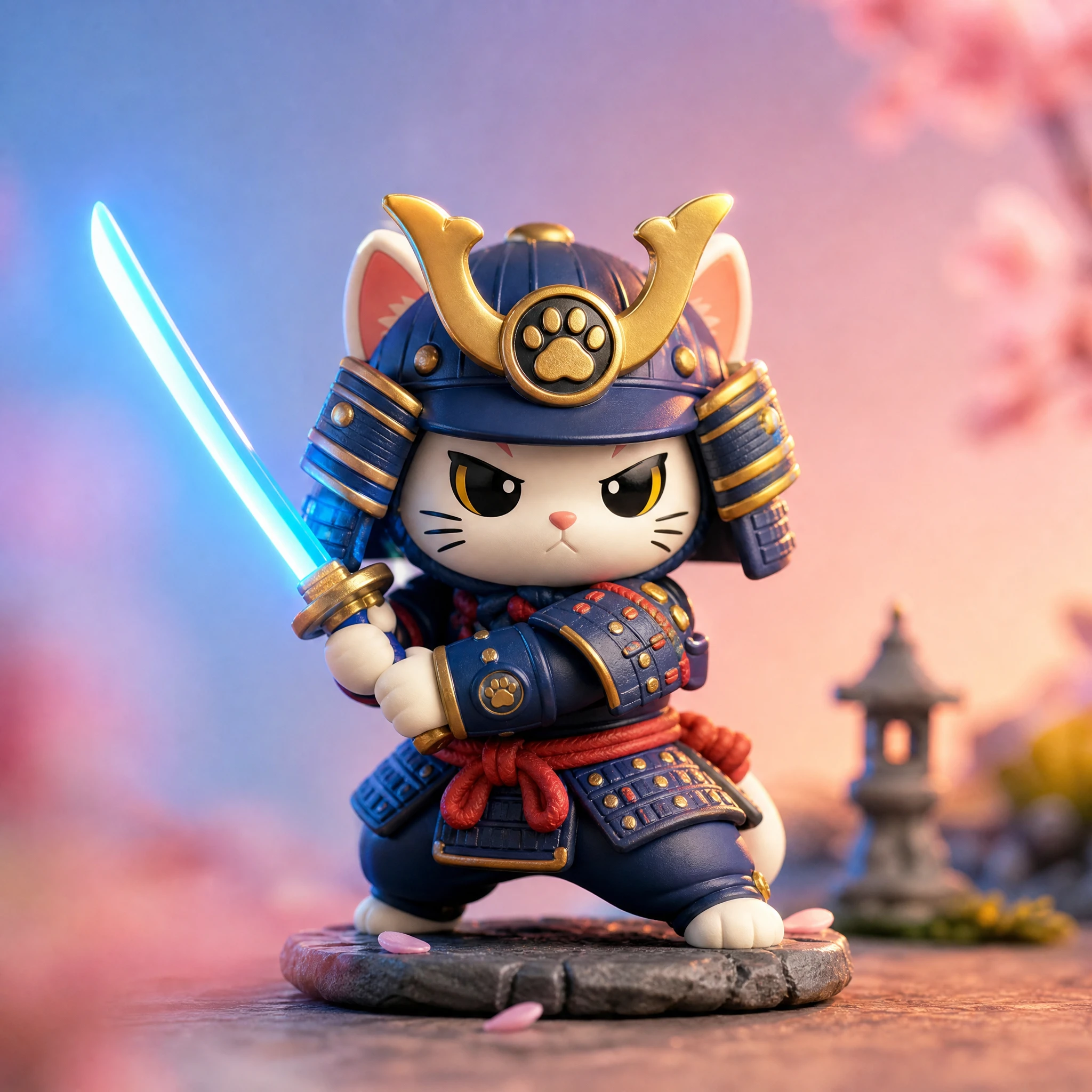 Tiny samurai cat vinyl toy with glowing blue katana