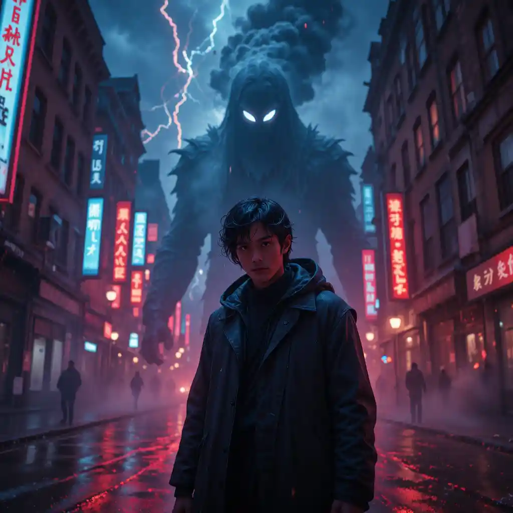Young man with crimson eyes in a rainy neon city
