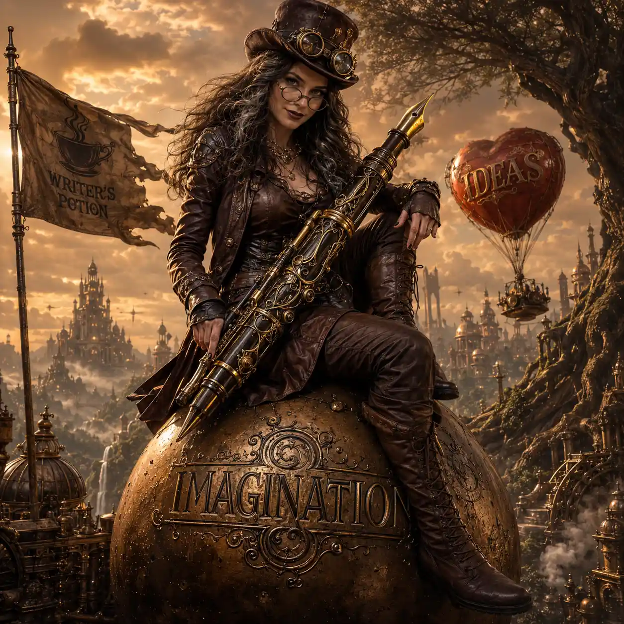 Steampunk woman on giant cannonball in a surreal cityscape