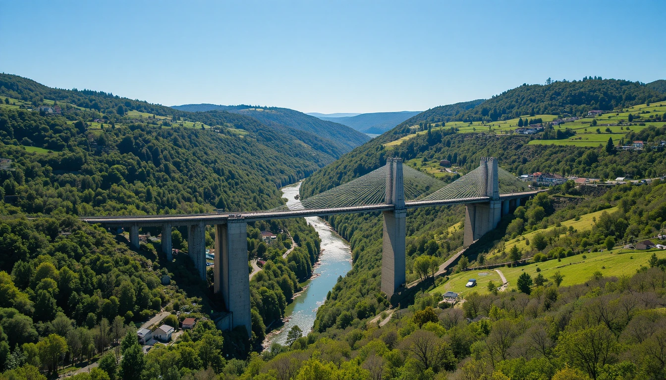 Aerial view of a cable stayed bridge over green valley