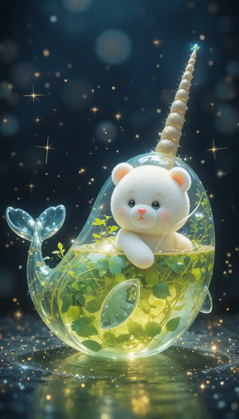 Transparent narwhal with kawaii teddy bear and sparks