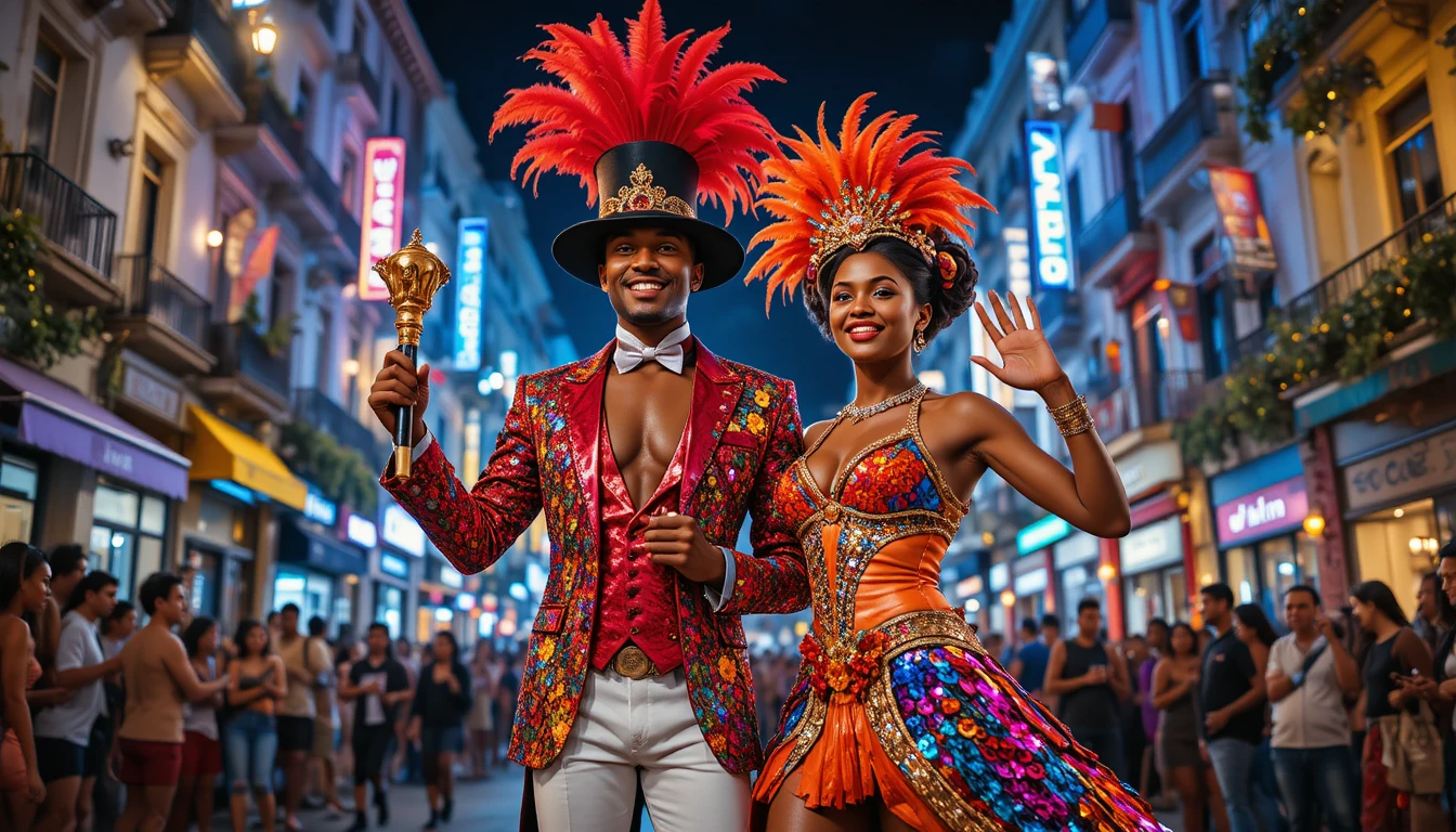 Smiling carnival performers on a vibrant night street