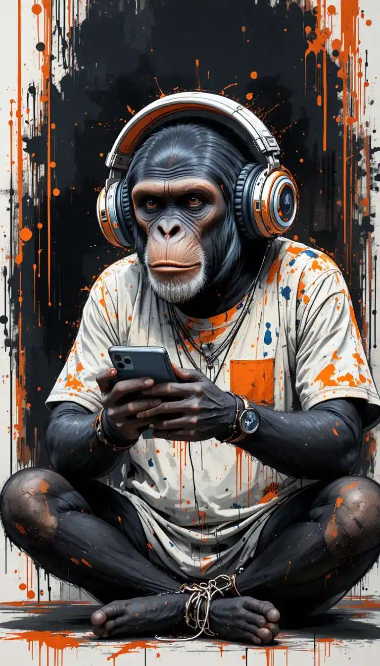 Chimpanzee With Futuristic Headphones Focused On A Smartphone