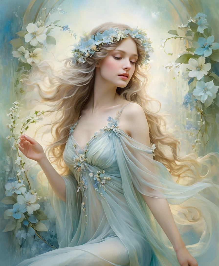 Serene woman in floral gown bathed in soft gentle light
