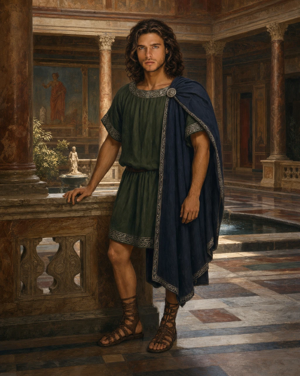 Roman man in green tunic on palace terrace