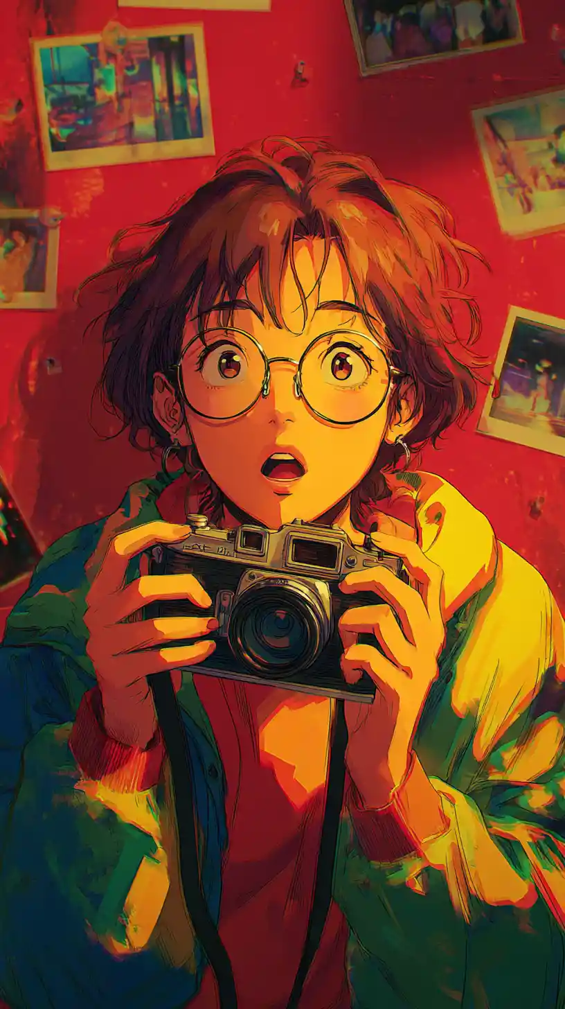 Curious anime boy inspecting a vintage camera up close