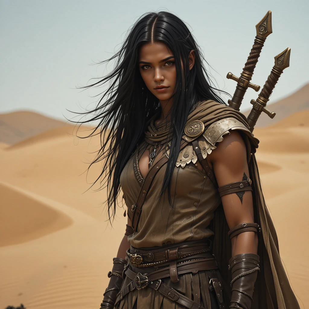 Dark fantasy desert ranger woman with scimitar and leather armor