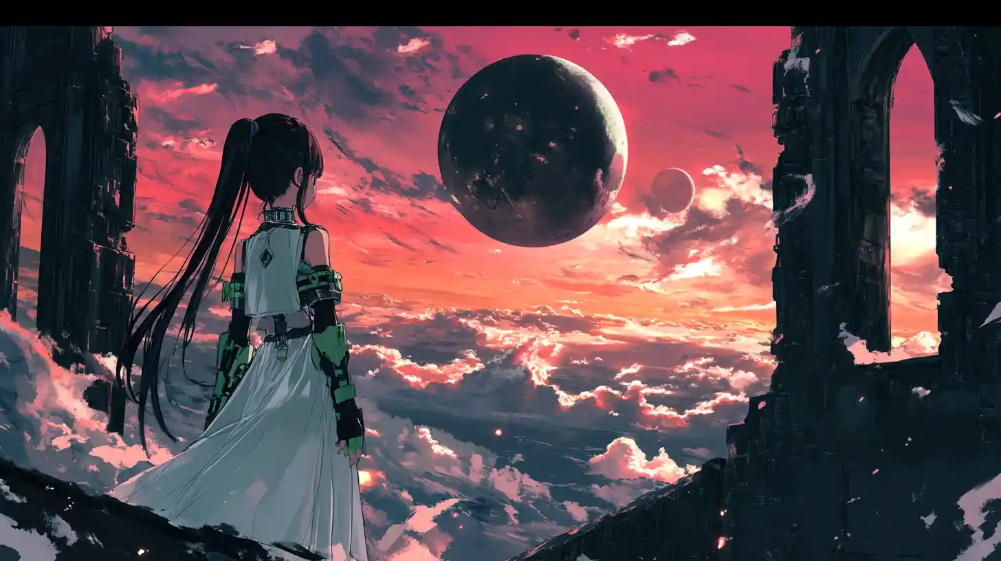 Ragazza anime in verde sul muro del castello al tramonto