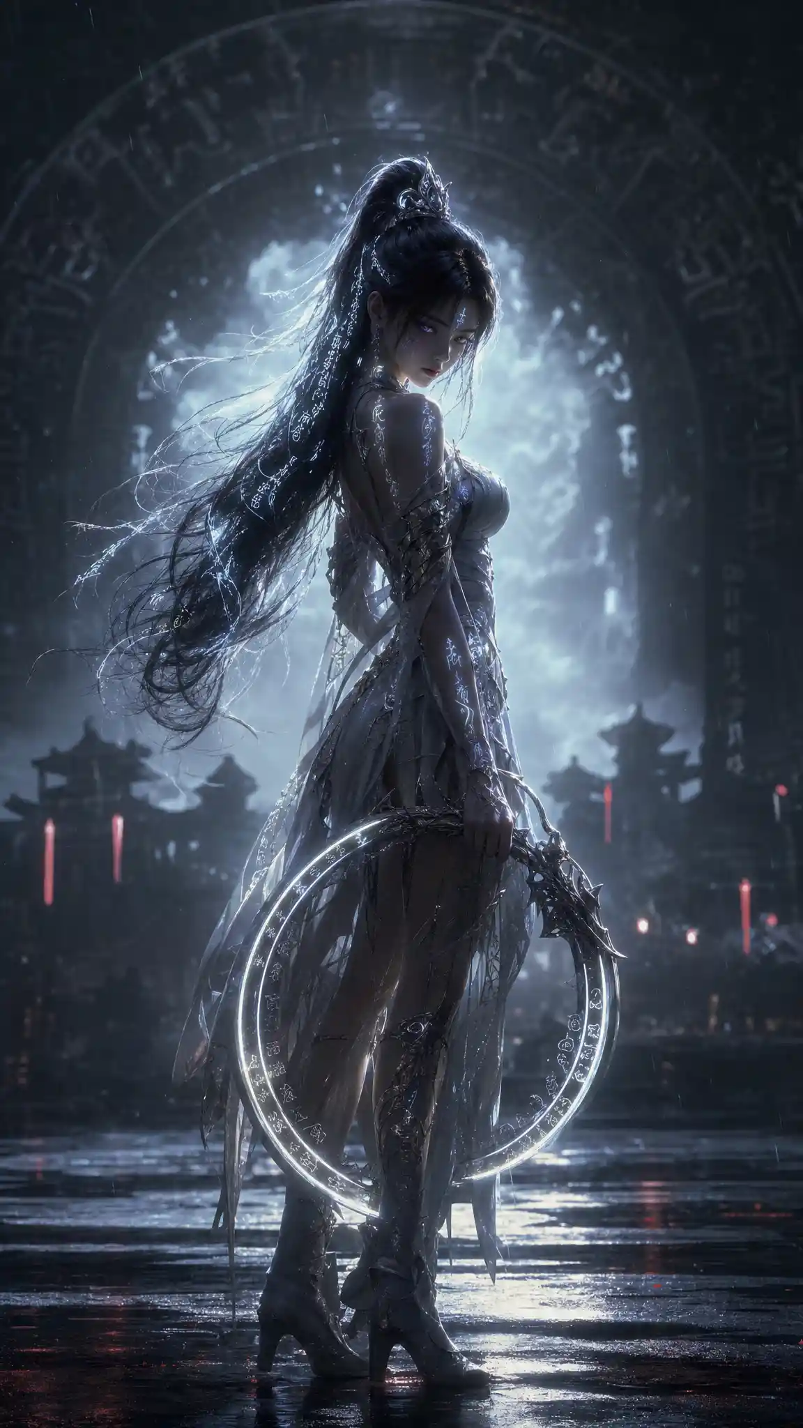 Melancholic cyber armored girl with glowing runes
