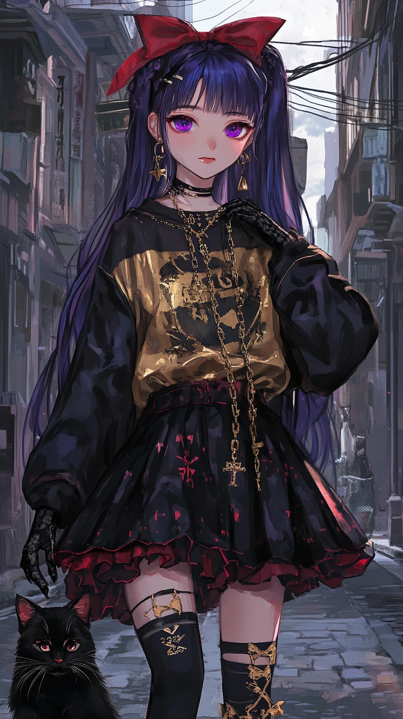 Ragazza anime con felpa nera che tiene un gatto tra rovine infestate