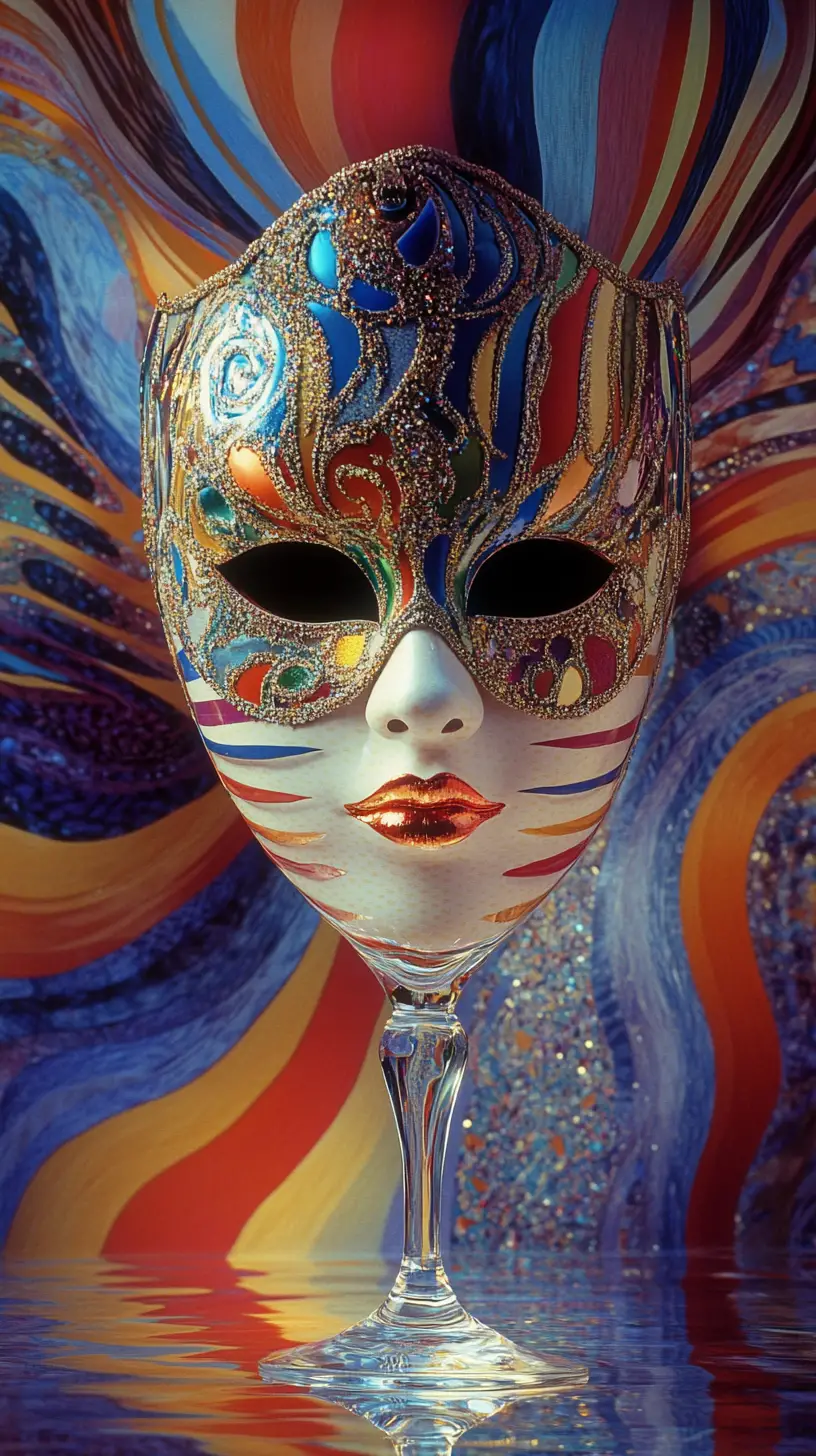 Facettenglas und venezianische Maske in pointillistischer Illusion