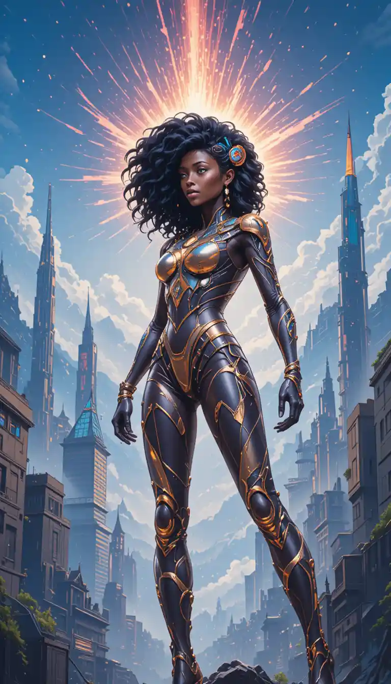 Heroic black haired African mecha woman in futuristic city