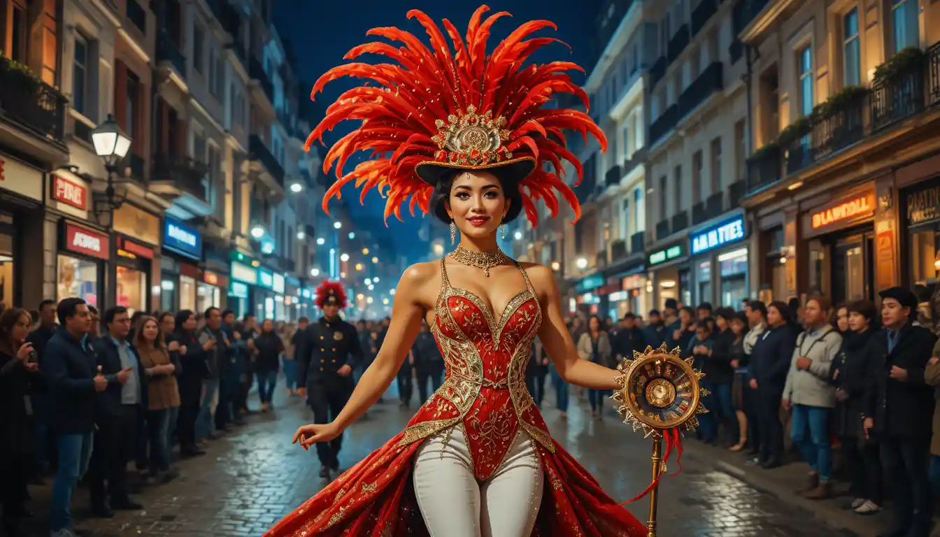 Smiling woman in red feathered costume at night carnival parade