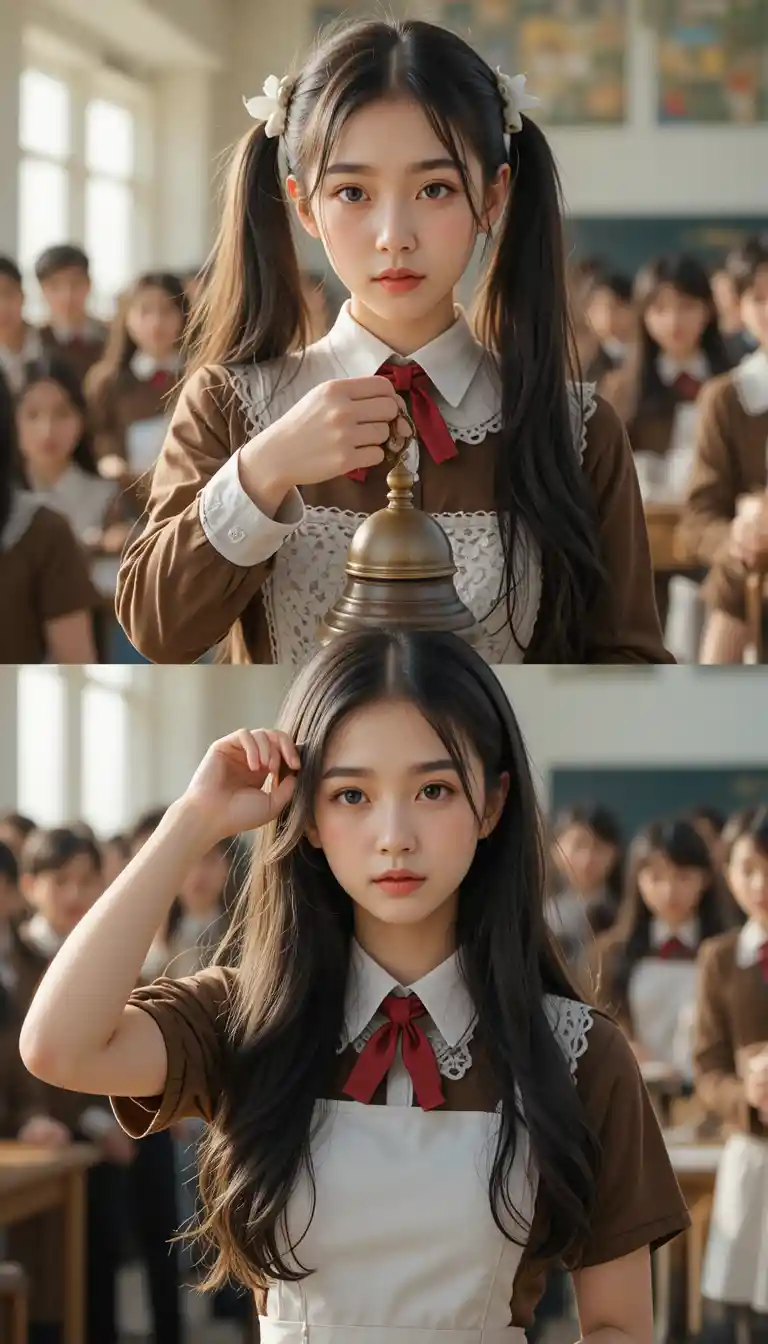 Schoolgirl diptych with shared bell between two frames