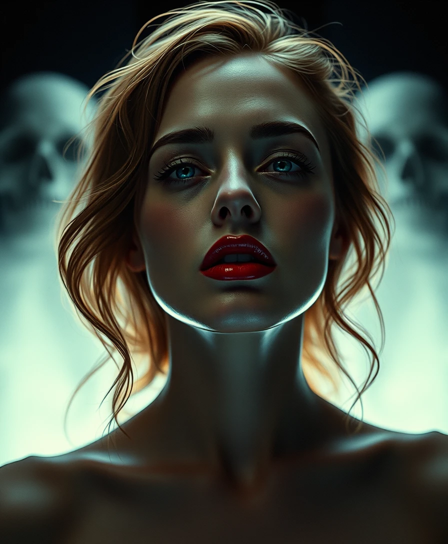 Dark guardian woman amid silent skulls in surreal close up