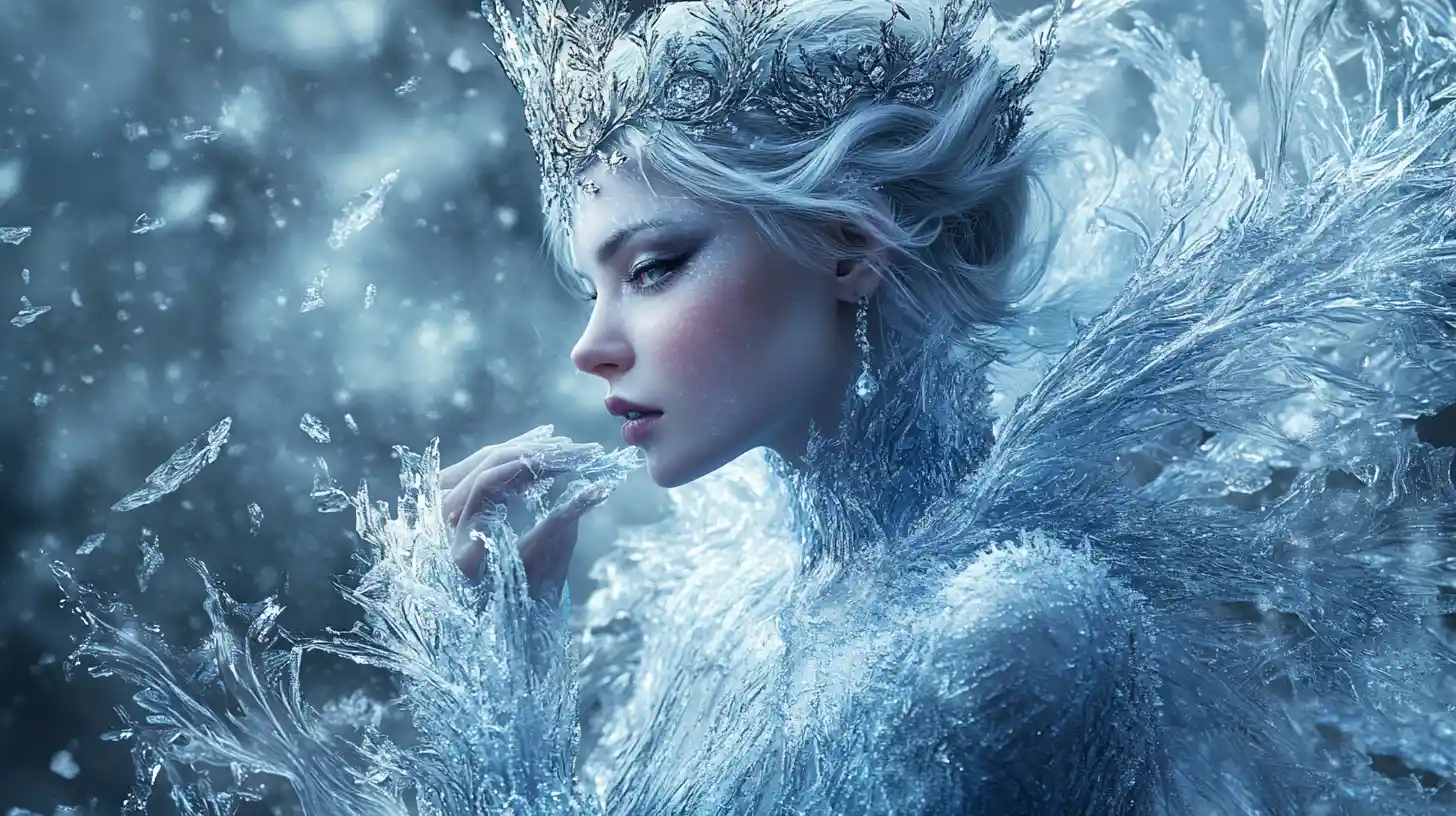 Ice queen with crystalline crown in winter fantasy scene