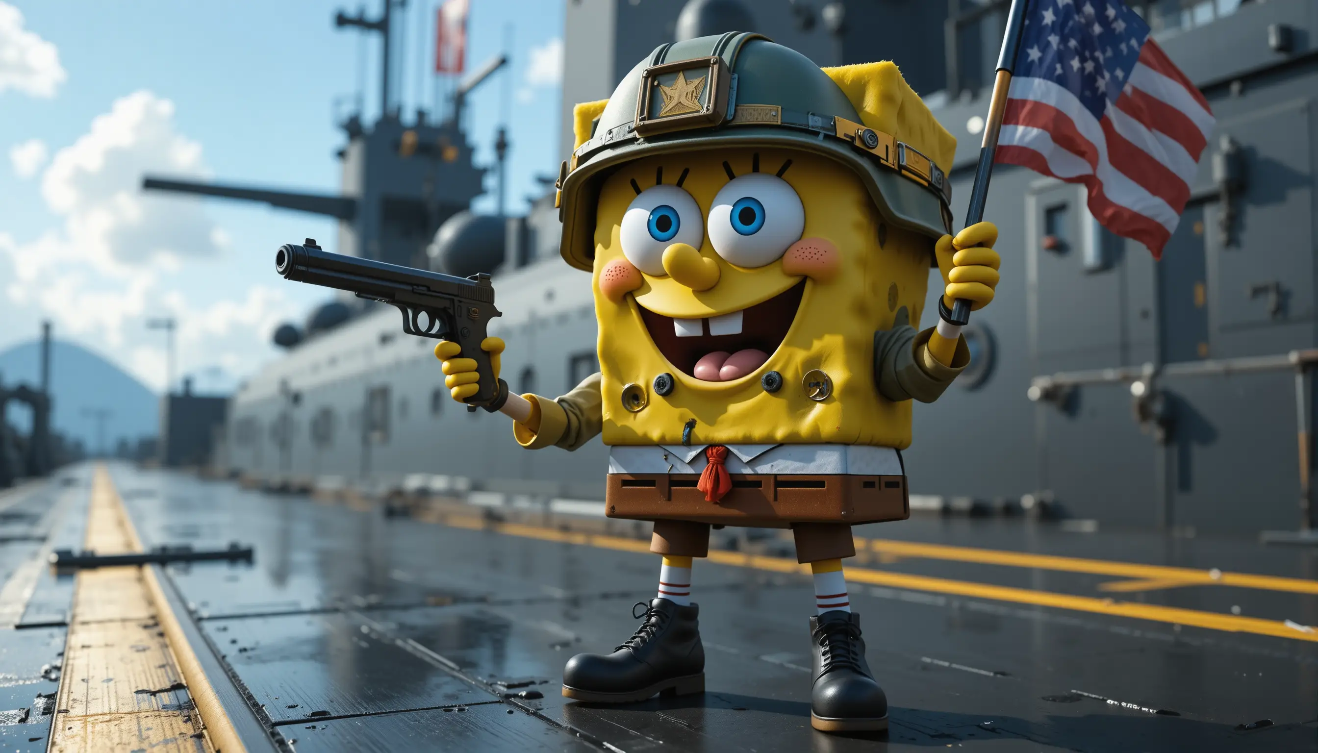 Anthropomorphic commando character on nuclear submarine deck