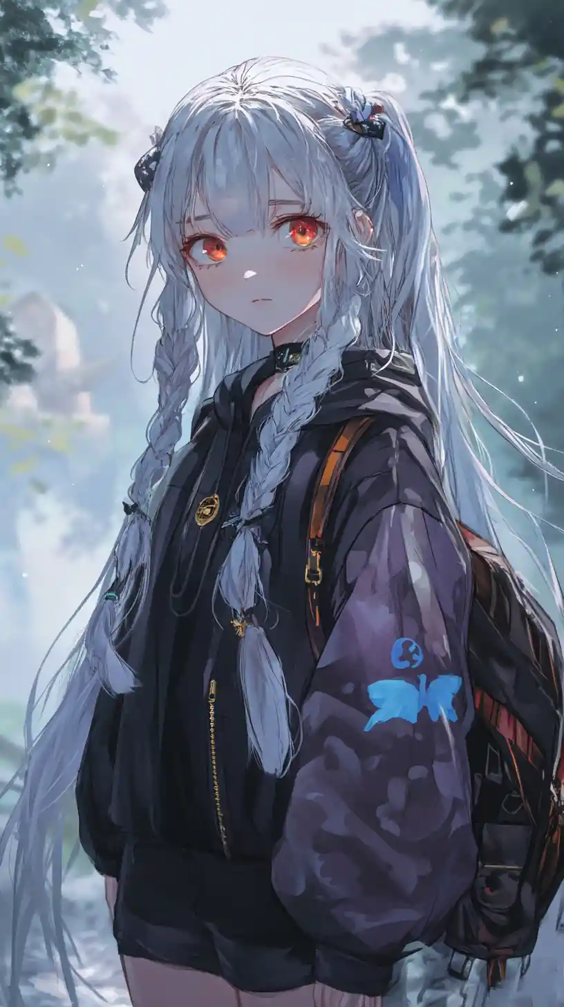 Anime girl in a foggy forest with white hair and beret