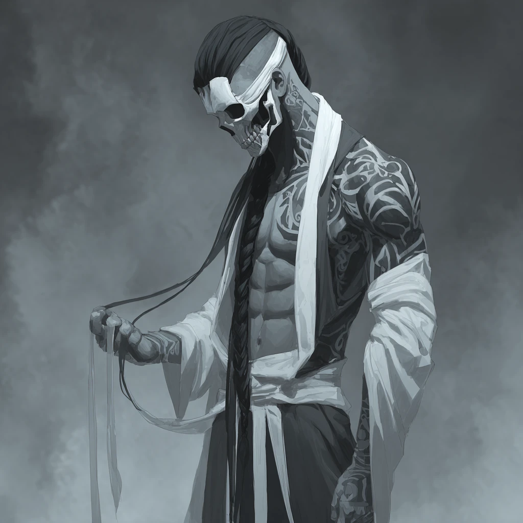 Dark fantasy monk with death mask and braided hair