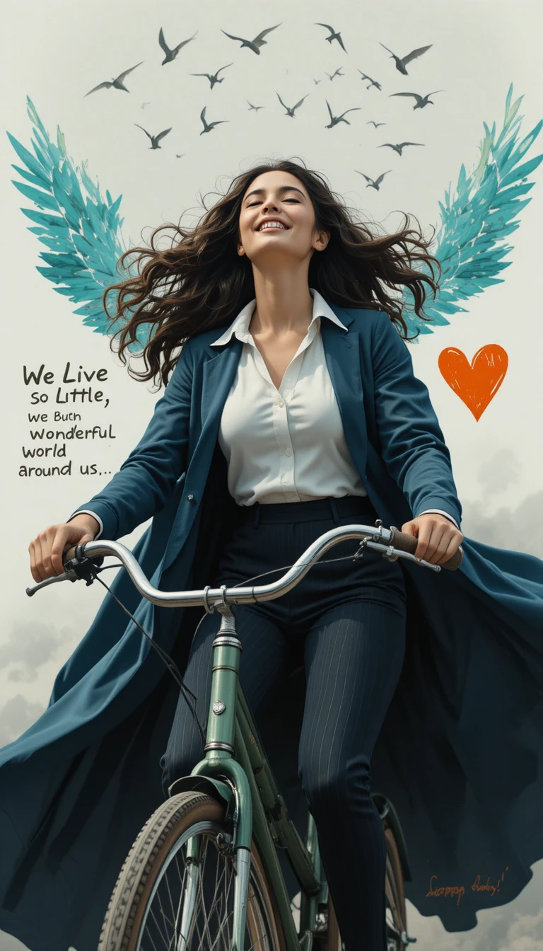 Joyful woman riding bicycle with flowing coat and wings
