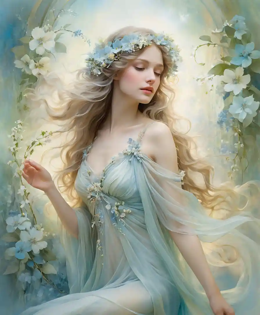 Serene woman in floral gown bathed in soft gentle light
