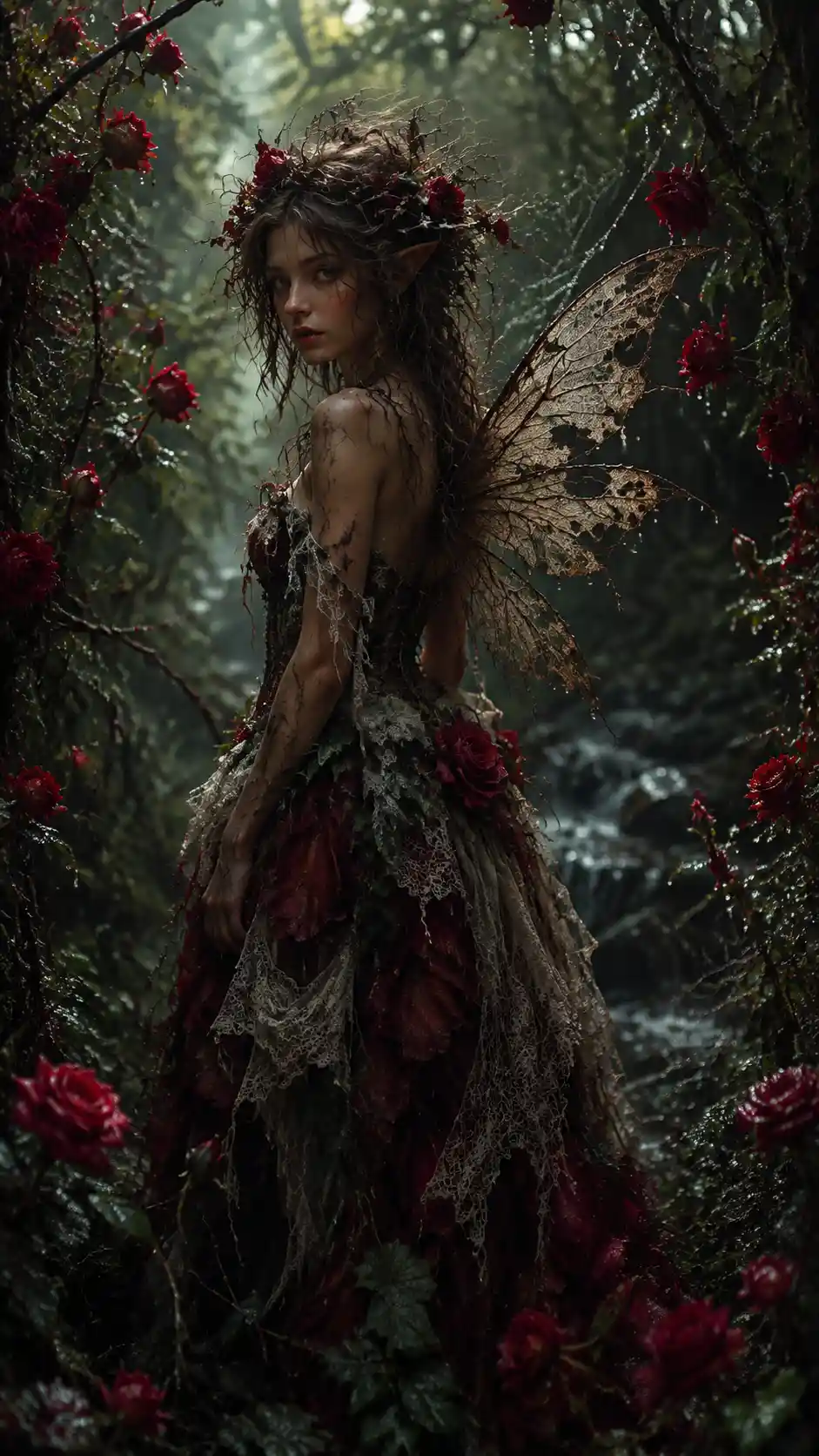 Nature fairy in wild rose thicket after rain