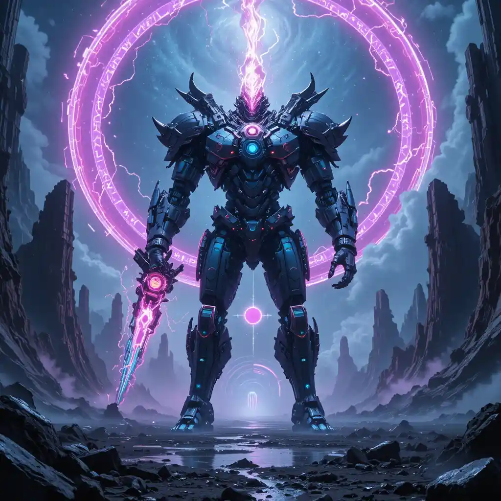 Ancient biomechanical mech god in alien crystal landscape