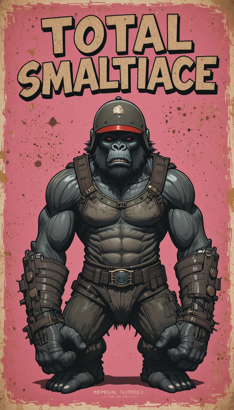 Battle worn gorilla in armor with red visor helmet
